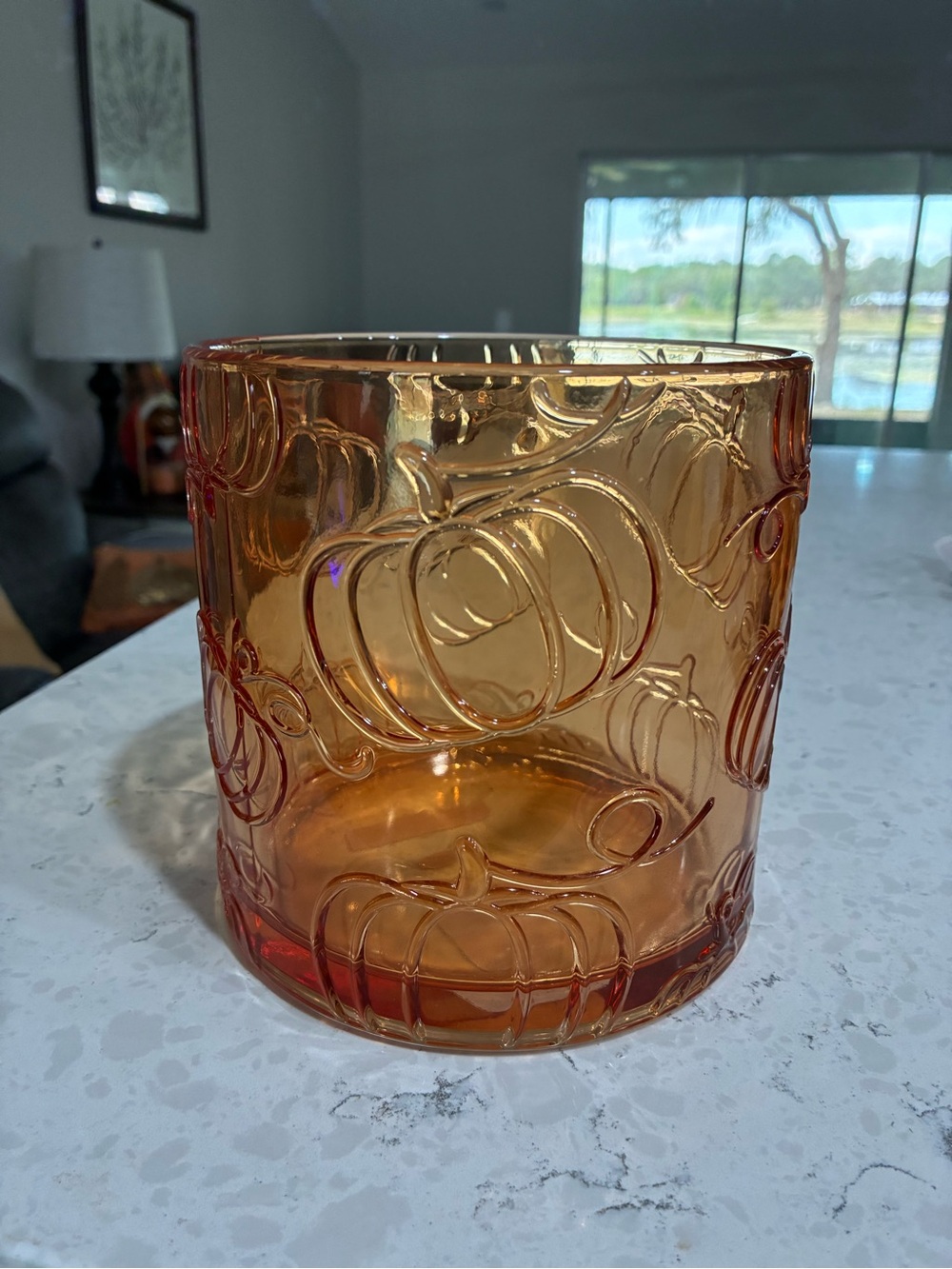 Amber Pumpkin Glass Candle Holder or any use. Seasonal Holiday Accent